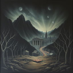 The cover depicts a dark underworld with a foreboding lower area that looks eerie and unsettling, featuring an uneven ground and a distant view of an ancient ruined city