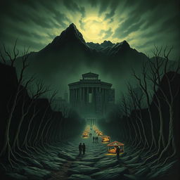 The cover depicts a dark underworld with a foreboding lower area that looks eerie and unsettling, featuring an uneven ground and a distant view of an ancient ruined city