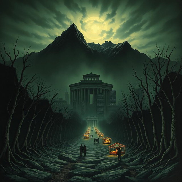 The cover depicts a dark underworld with a foreboding lower area that looks eerie and unsettling, featuring an uneven ground and a distant view of an ancient ruined city