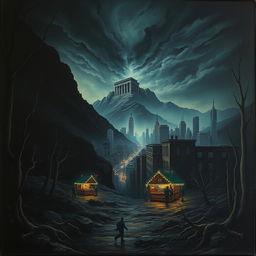 The cover depicts a dark underworld with a foreboding lower area that looks eerie and unsettling, featuring an uneven ground and a distant view of an ancient ruined city