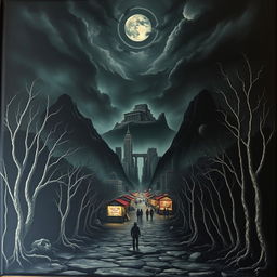 The cover depicts a dark underworld with a foreboding lower area that looks eerie and unsettling, featuring an uneven ground and a distant view of an ancient ruined city