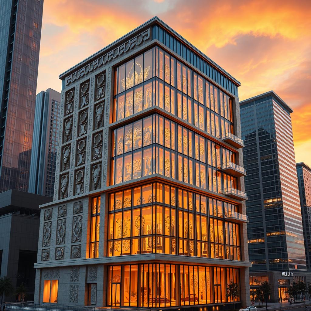 A 15-story building that combines two architectural styles: Persian Achaemenid and modern