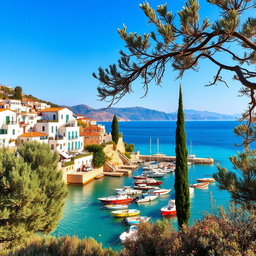 A stunning Mediterranean scene featuring a picturesque coastal village with whitewashed houses adorned with colorful flowers, set against a backdrop of bright blue skies