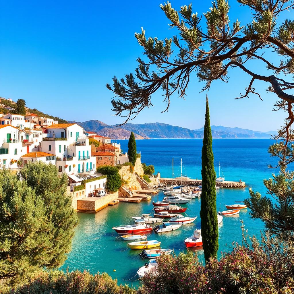 A stunning Mediterranean scene featuring a picturesque coastal village with whitewashed houses adorned with colorful flowers, set against a backdrop of bright blue skies