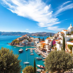 A stunning Mediterranean scene featuring a picturesque coastal village with whitewashed houses adorned with colorful flowers, set against a backdrop of bright blue skies
