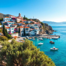 A stunning Mediterranean scene featuring a picturesque coastal village with whitewashed houses adorned with colorful flowers, set against a backdrop of bright blue skies