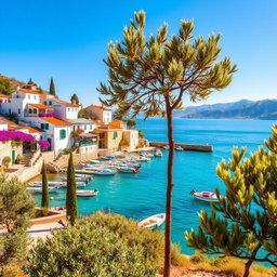 A stunning Mediterranean scene featuring a picturesque coastal village with whitewashed houses adorned with colorful flowers, set against a backdrop of bright blue skies