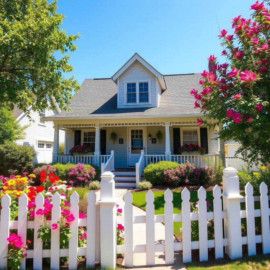 A charming house surrounded by a beautifully landscaped garden, featuring a white picket fence, vibrant flowers in full bloom, and a clear blue sky overhead