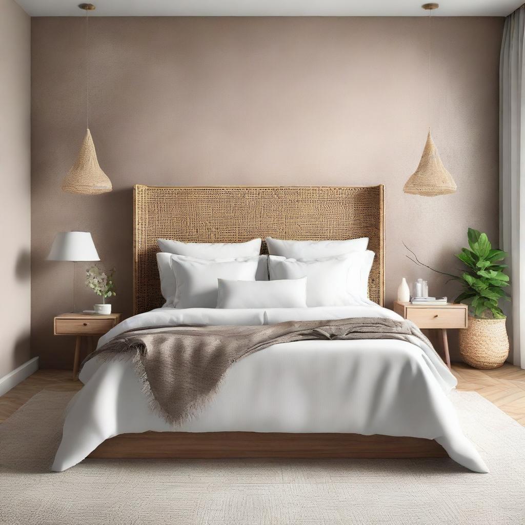 A sophisticated and calming bedroom featuring a beautiful Venetian plaster wall, a white linen bed, and a stylish rattan headboard.