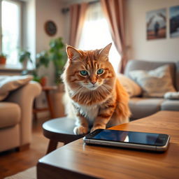 An adult orange tabby cat sitting on a stool at home, looking curiously at a smartphone lying on a wooden table