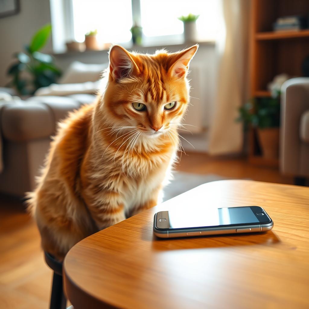 An adult orange tabby cat sitting on a stool at home, looking curiously at a smartphone lying on a wooden table