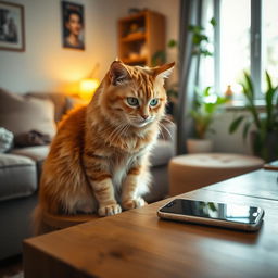 An adult orange tabby cat sitting on a stool at home, looking curiously at a smartphone lying on a wooden table