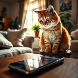 An adult orange tabby cat sitting on a stool at home, looking curiously at a smartphone lying on a wooden table