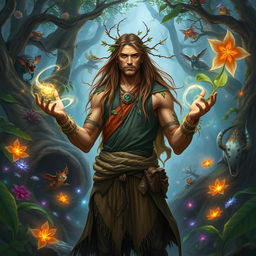 A human male druid character from Dungeons and Dragons, standing confidently in a mystical, vibrant magical forest
