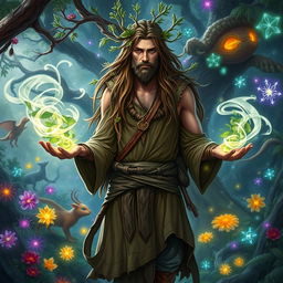 A human male druid character from Dungeons and Dragons, standing confidently in a mystical, vibrant magical forest