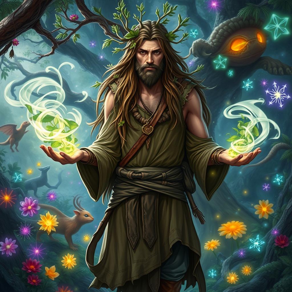 A human male druid character from Dungeons and Dragons, standing confidently in a mystical, vibrant magical forest