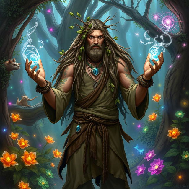 A human male druid character from Dungeons and Dragons, standing confidently in a mystical, vibrant magical forest