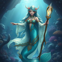 A stunning female merfolk wizard with shimmering scales, deep ocean blue and teal colors blending beautifully across her tail