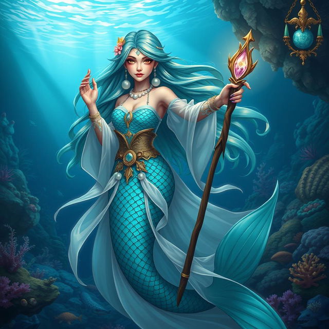 A stunning female merfolk wizard with shimmering scales, deep ocean blue and teal colors blending beautifully across her tail