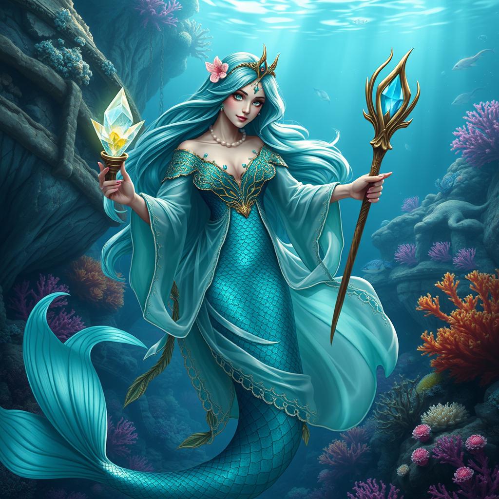 A stunning female merfolk wizard with shimmering scales, deep ocean blue and teal colors blending beautifully across her tail