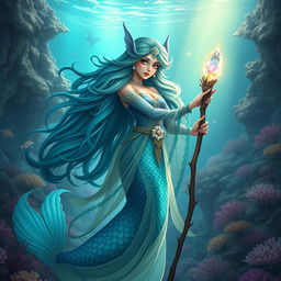 A stunning female merfolk wizard with shimmering scales, deep ocean blue and teal colors blending beautifully across her tail