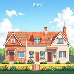 A beautifully detailed illustration of a house with a height of 2 meters and a width of 7 meters, divided into three distinct sections