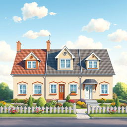 A beautifully detailed illustration of a house with a height of 2 meters and a width of 7 meters, divided into three distinct sections