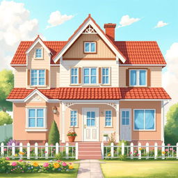 A beautifully detailed illustration of a house with a height of 2 meters and a width of 7 meters, divided into three distinct sections