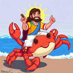 A whimsical pixel-art depiction of Jesus riding a large crab, highlighting a playful and humorous scene
