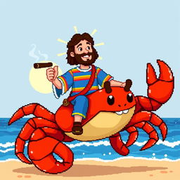 A whimsical pixel-art depiction of Jesus riding a large crab, highlighting a playful and humorous scene