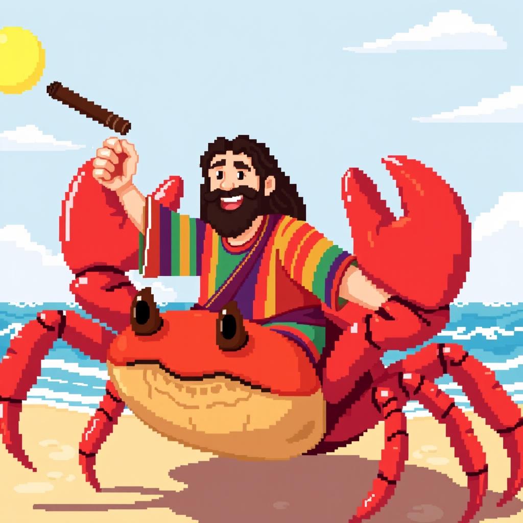 A whimsical pixel-art depiction of Jesus riding a large crab, highlighting a playful and humorous scene