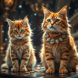 A dramatic transformation scene where a poor adult ginger cat undergoes a magical change into a wealthy version of itself