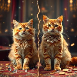 A dramatic transformation scene where a poor adult ginger cat undergoes a magical change into a wealthy version of itself
