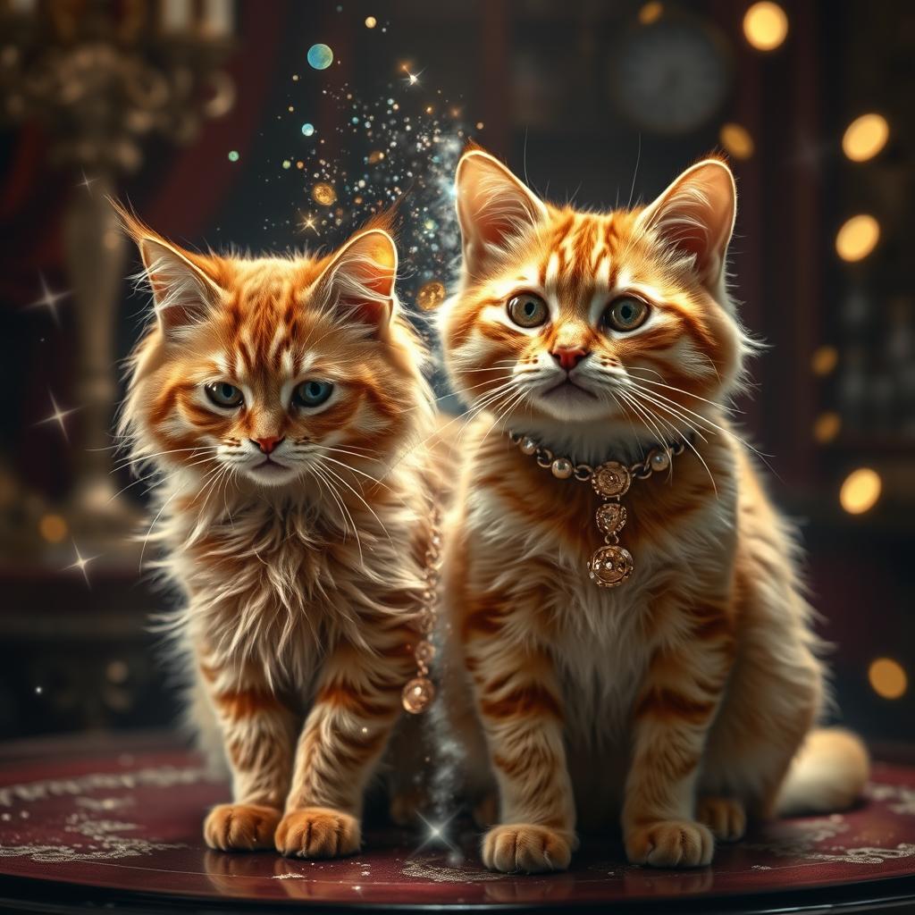 A dramatic transformation scene where a poor adult ginger cat undergoes a magical change into a wealthy version of itself