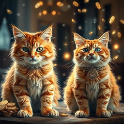 A dramatic transformation scene where a poor adult ginger cat undergoes a magical change into a wealthy version of itself