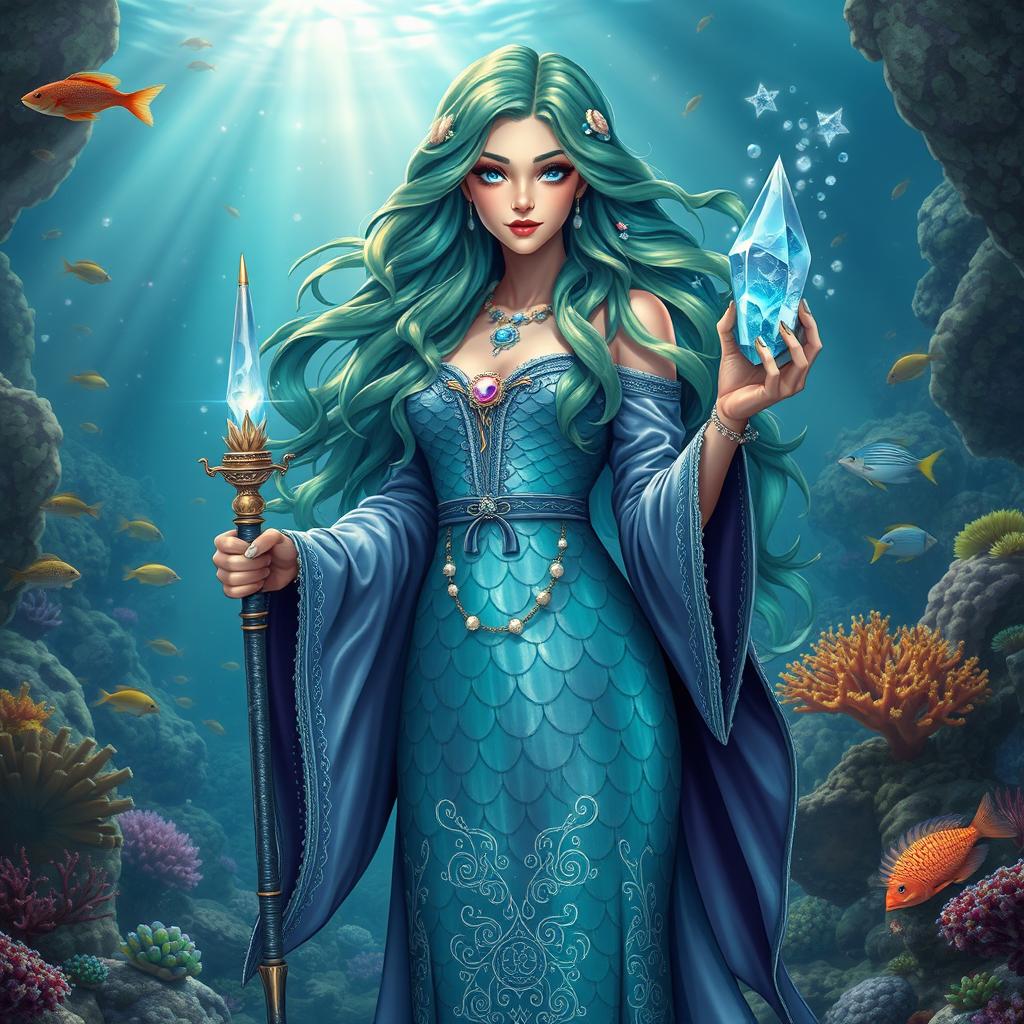 A female merfolk wizard standing confidently in a mystical underwater setting