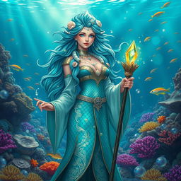 A female merfolk wizard standing confidently in a mystical underwater setting