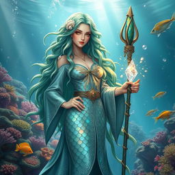 A female merfolk wizard standing confidently in a mystical underwater setting