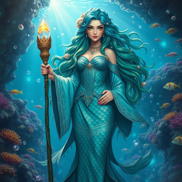 A female merfolk wizard standing confidently in a mystical underwater setting