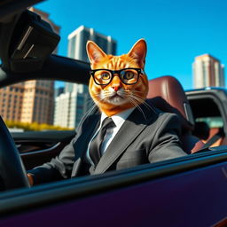 A wealthy orange cat wearing stylish glasses and a sharp suit, confidently sitting in the driver's seat of a brand new BMW M5
