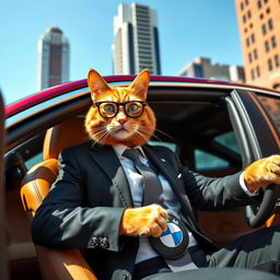 A wealthy orange cat wearing stylish glasses and a sharp suit, confidently sitting in the driver's seat of a brand new BMW M5