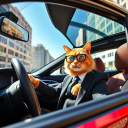 A wealthy orange cat wearing stylish glasses and a sharp suit, confidently sitting in the driver's seat of a brand new BMW M5