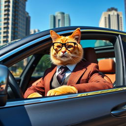 A wealthy orange cat wearing stylish glasses and a sharp suit, confidently sitting in the driver's seat of a brand new BMW M5