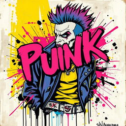 A vibrant and edgy piece of punk art, featuring bold colors and dynamic abstract shapes