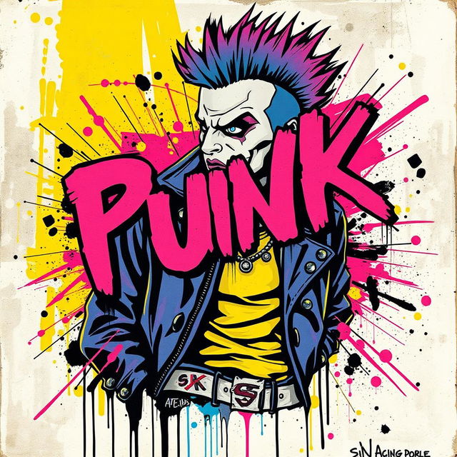 A vibrant and edgy piece of punk art, featuring bold colors and dynamic abstract shapes