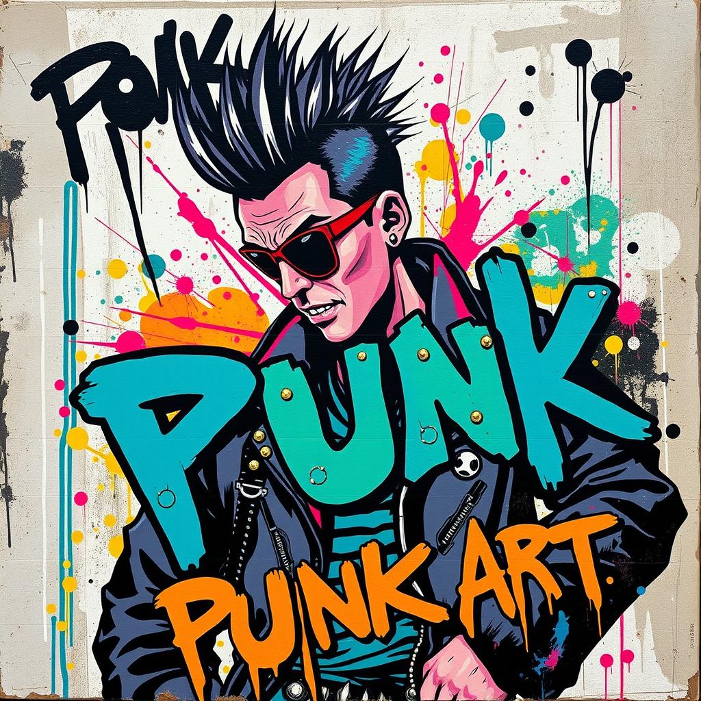 A vibrant and edgy piece of punk art, featuring bold colors and dynamic abstract shapes