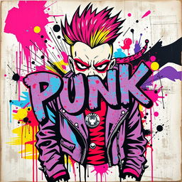 A vibrant and edgy piece of punk art, featuring bold colors and dynamic abstract shapes