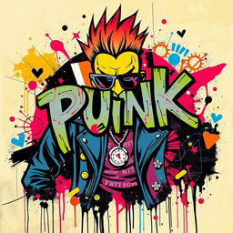 A vibrant and edgy piece of punk art, featuring bold colors and dynamic abstract shapes