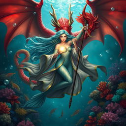 A stunning female merfolk wizard, gracefully swimming through the ocean depths, adorned in flowing robes that shimmer like scales