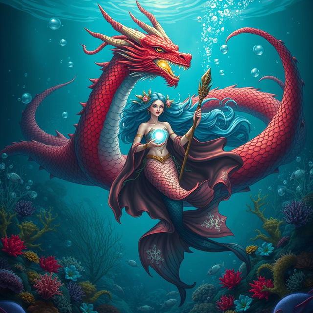 A stunning female merfolk wizard, gracefully swimming through the ocean depths, adorned in flowing robes that shimmer like scales